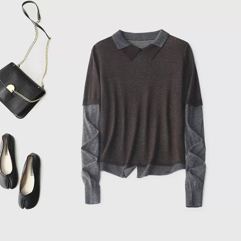 撞色玩家减龄魔法 Polo领假两件羊毛衫 立体剪裁=纸片人暴击！