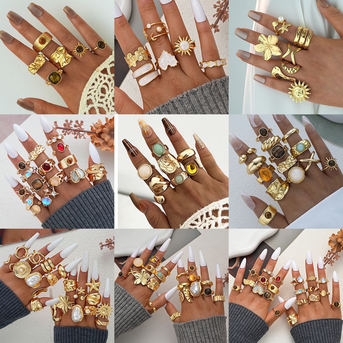 European and American Cross-Border New Style Irregular Gemstone Rings, Pleated Retro Exaggerated Jewelry, Niche Design Rings Wholesale