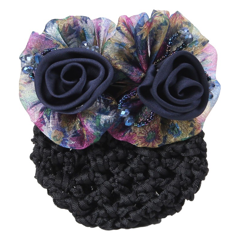 High-grade temperament double-flower hair net spring hair clip female head head plate hair card Net pocket middle-aged head flower