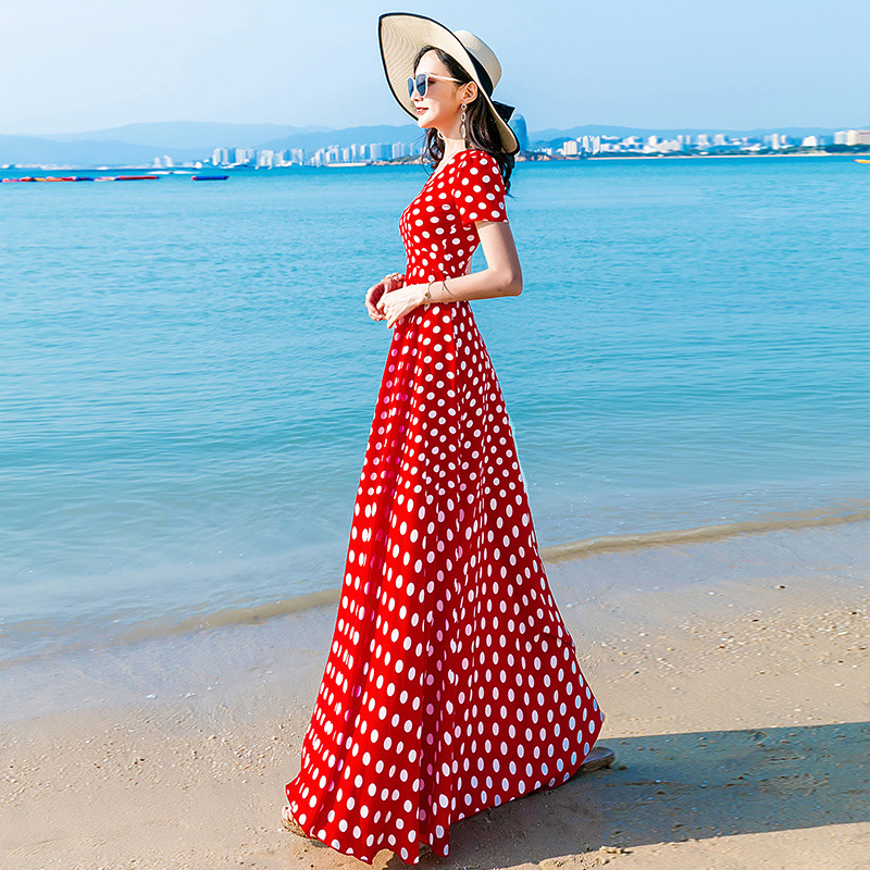 Summer shiffon red long retro dress