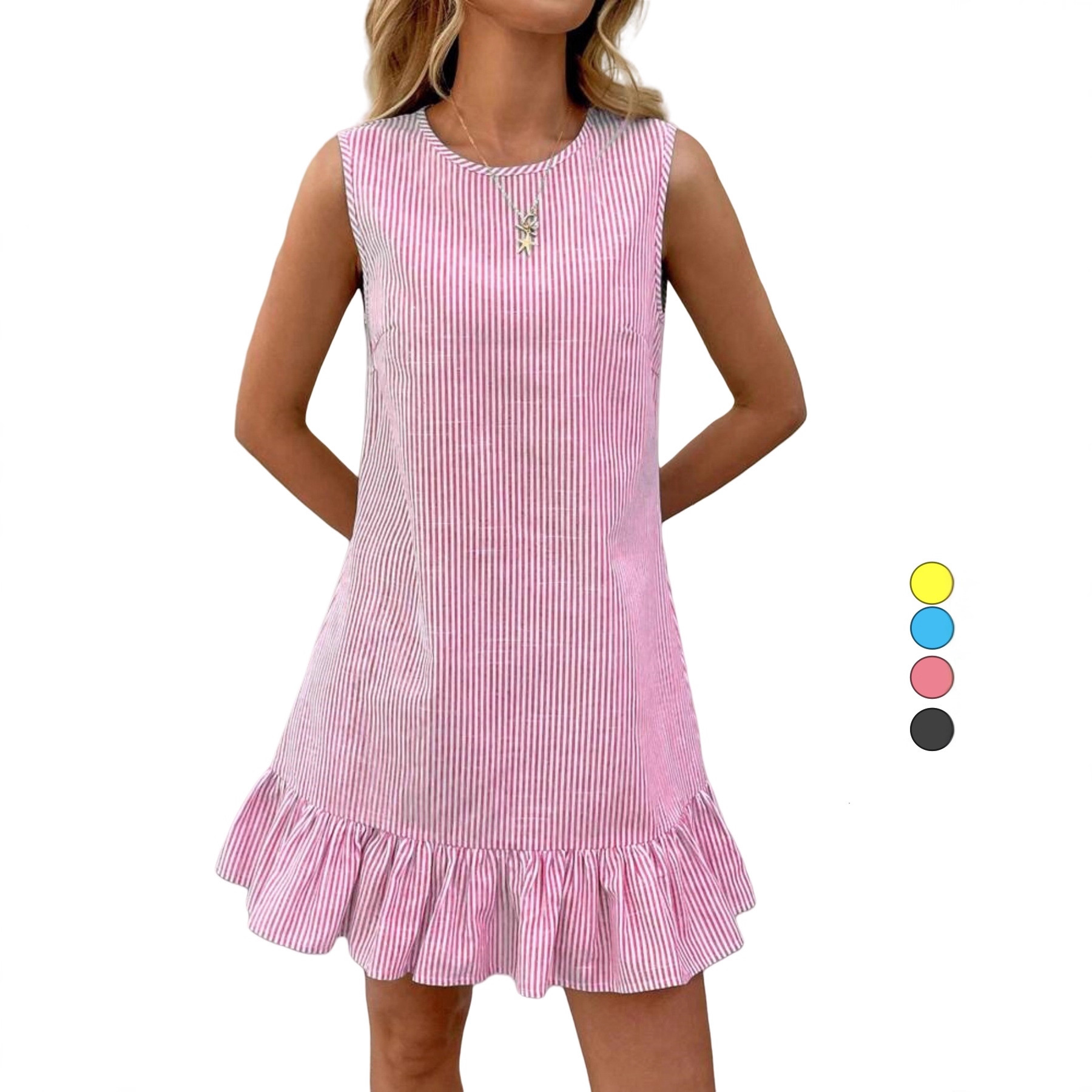 Women's Breathable Linen Blend Sleeveless Dress Ruffled Hem Autumn Stripes Flowy A-Line Midi Dress for Autumn_ecoleips.com