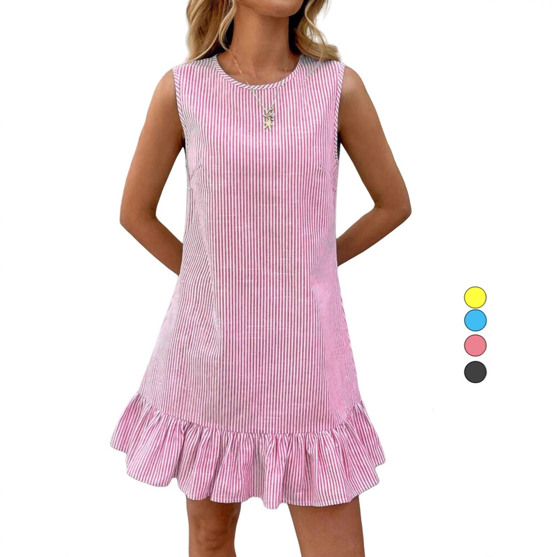 European and American Autumn Striped Cotton and Linen Sleeveless Ruffle Dress, Cross-Border Independent Site Amazon Hot-Selling Vacation Style European and American Autumn Striped Cotton and Linen Sleeveless Ruffle Dress, Cross-Border Independent Site Amazon Hot-Selling Vacation Style