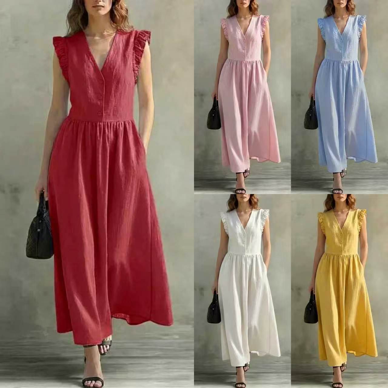 Independent E-Commerce Platform Cross-Border European and American Summer New Fashion Simple Ruffle Sleeve Solid Color Waist-Cinching Slimming Round Neck Short Dress for Women