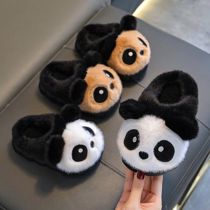 Panda zapatillas de algodón de invierno para niños y niñas, calentamiento y pelusa, zapatos de algodón para padres e hijos lindos para niños