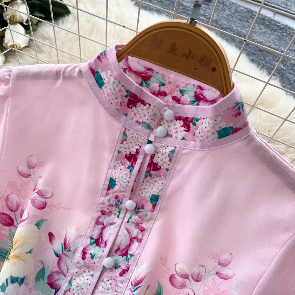 Elegant Stand Collar Lantern Sleeve Printed Dress for Women Autumn Youthful And Flattering a Line Skirt with a Belt_ecoleips.com