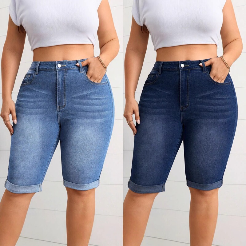 2026 European and American Plus-Size Washed Blue Stretch Denim Shorts, Mid-Waist Slimming Cuffed Shorts, Cross-Border Wholesale 2026 European and American Plus-Size Washed Blue Stretch Denim Shorts, Mid-Waist Slimming Cuffed Shorts, Cross-Border Wholesale