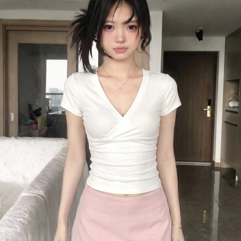 Purely Sensual V-Neck Short-Sleeve T-Shirt for Women, New Summer Style, American-Style Spicy Girl Low-Cut Cross Elastic Slim-Fit Solid Color Short Top