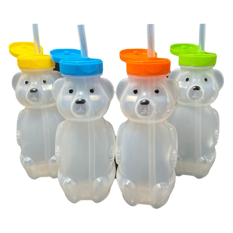 Taza de bebida de oso de punto transparente pe230 ml Juego de 12 piezas con pajita de silicona Cepillo de paja Cepillo de taza al por mayor