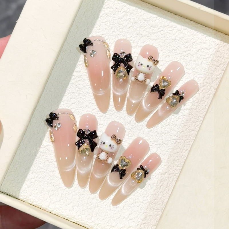 [Leopard Cat] Gradient Smiling Cat Eye French Three-Dimensional Hello Kitty Diamond Bow Cartoon Handmade