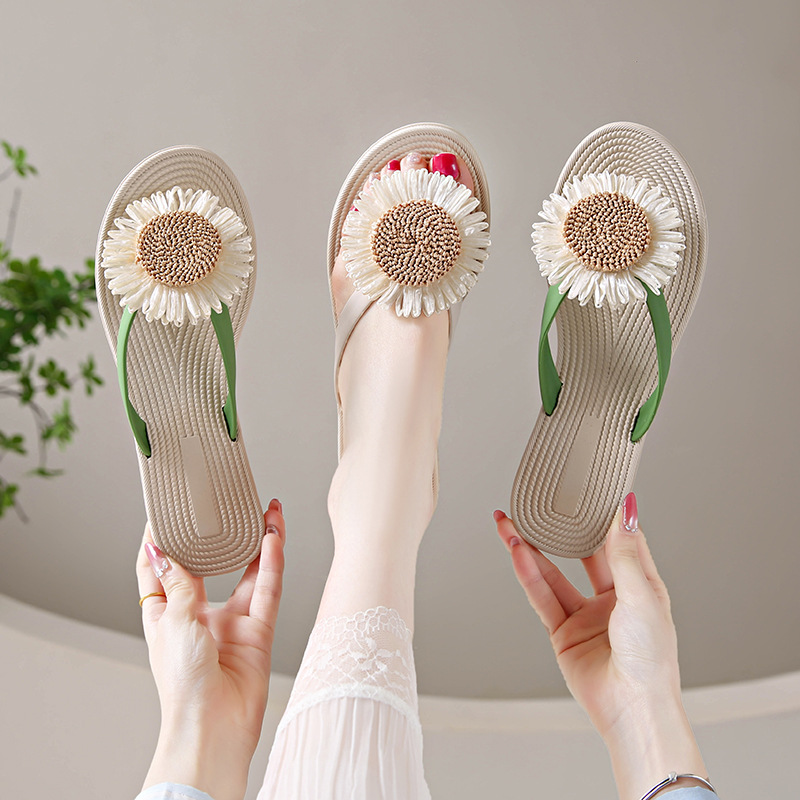Sunflower Rope Straw Flip-flops For Women Flat Beach Sandals_voghion.com