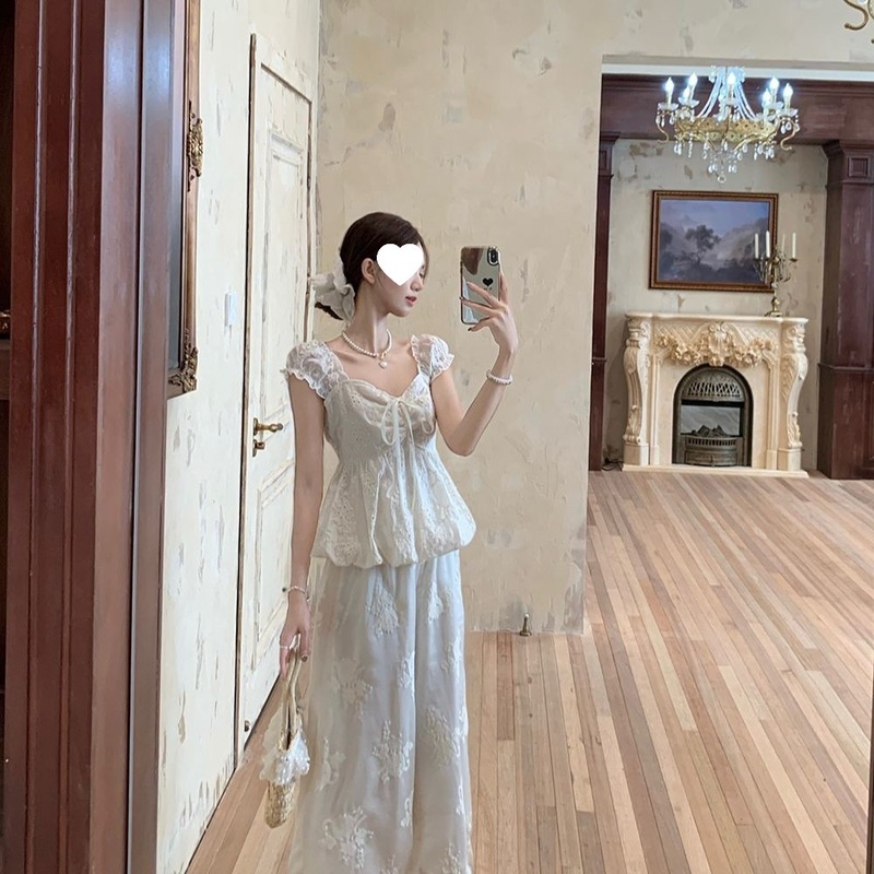 法式系带显瘦花苞蕾丝衫高腰阔腿休闲长裤2025夏季新款时尚套装女|undefined
