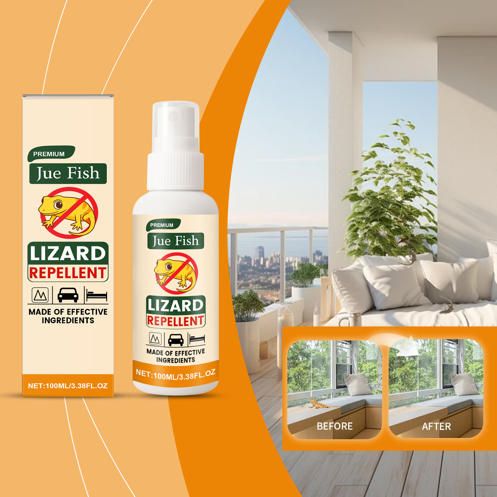 Jue Fish Lizard Repellent Spray Convenient Household Spray for Repelling Geckos and Lizards for Indoor and Outdoor Use