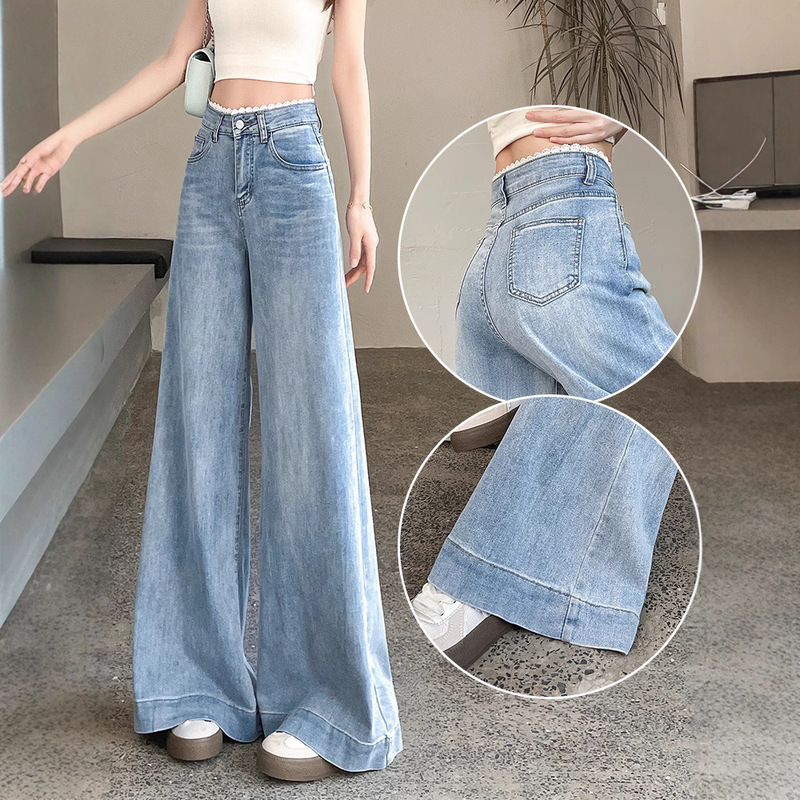 Flared Jeans for Women, Summer Lace High-Waisted, Hip-Slimming, Drapey Petite Wide-Leg Floor-Length Pants