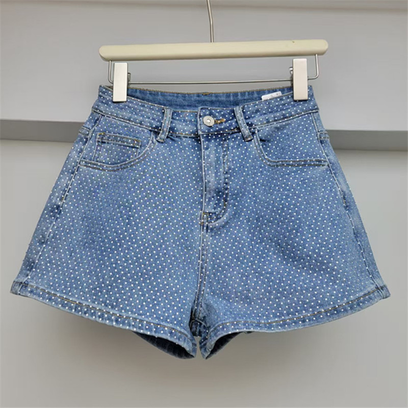 Pantalones Cortos de Mezclilla Ajustados de Tiro Alto con Pedrería
