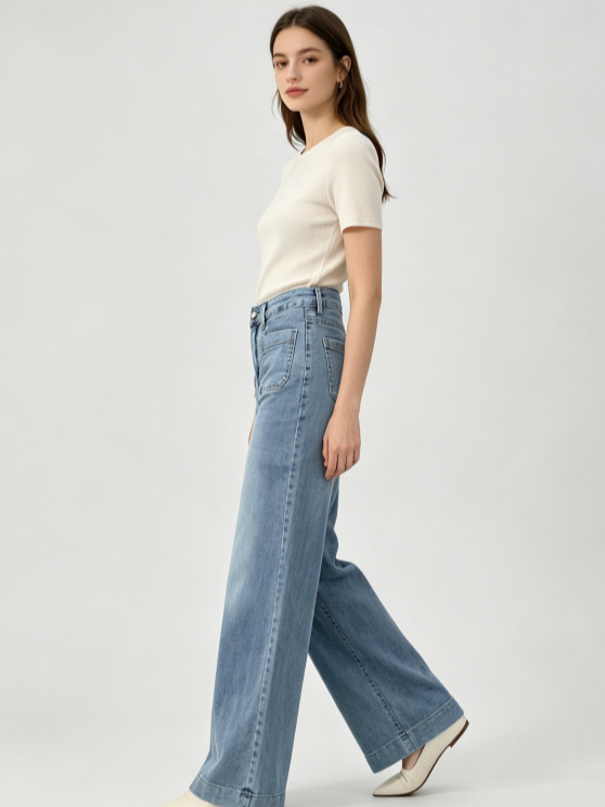 Jeans de Mujer de Tiro Alto y Pierna Ancha de Denim Elástico, Alta Elasticidad, para Estilo Casual image 4