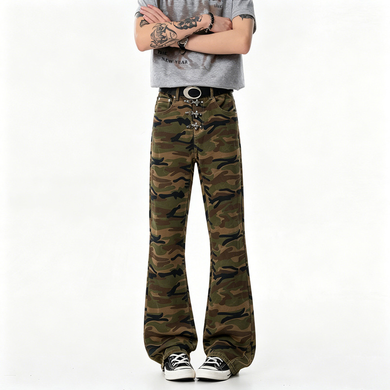 Trendy Brand Airplane Buckle Flared Jeans for Men and Women, American Retro Loose Wide-Leg Pants with Drape Effect, Camouflage Long Pants