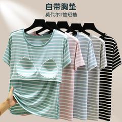 モーデール夏の胸パッド半袖上着はゆったりしていて、胸の縞模様のtシャツは薄いタイプで、カーディガンを着ています。