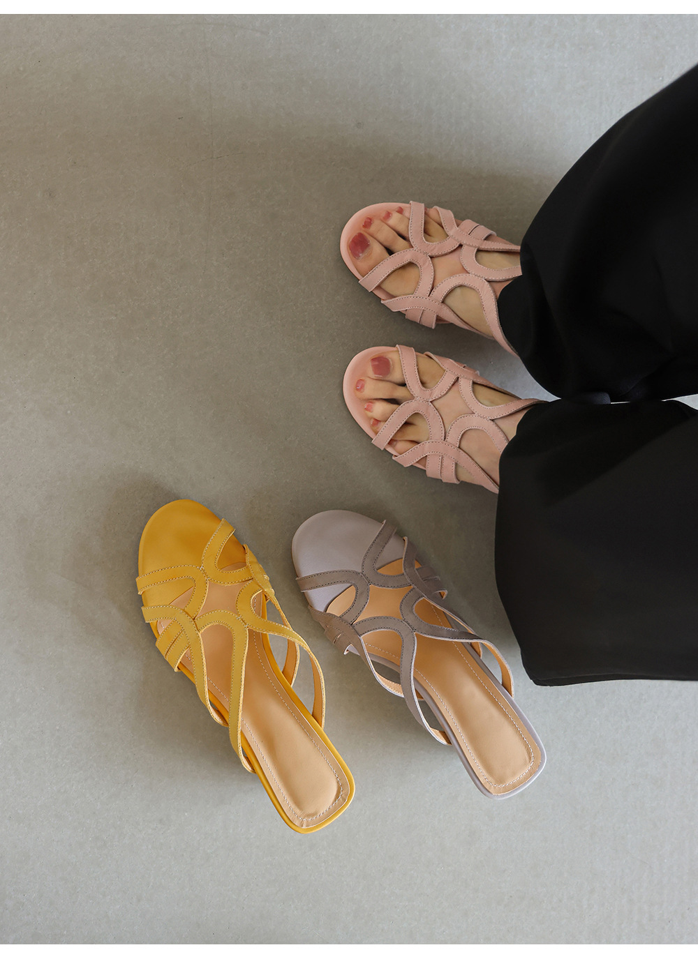 Dép sandal nữ quai chữ V da bò thật, gót thấp 4 cm, hở ngón, phong cách thời trang dạo phố — Hồng nhạt chi tiết 7