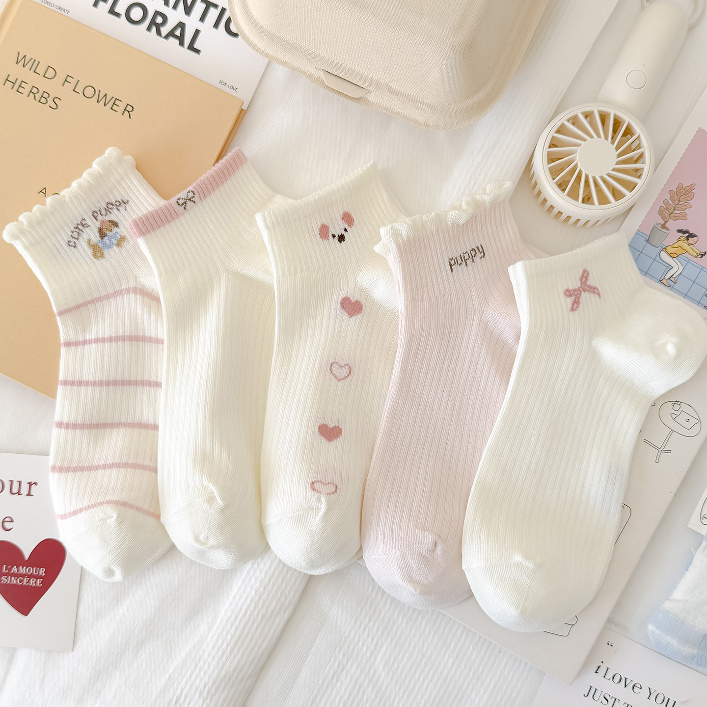Girls' socks, summer thin breathable mesh socks, children's short socks, sweet puppy lace cute cartoon socks