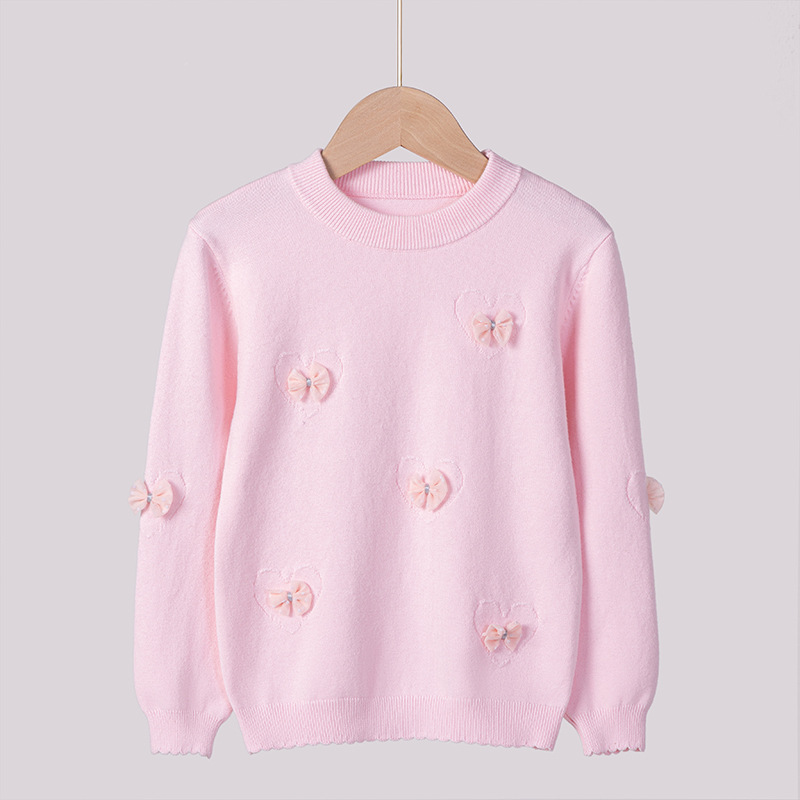 2024 nuevo estilo coreano de otoño y invierno cuello redondo amor arco niñas camisa de punto fondo suéter de niños pequeños al por mayor