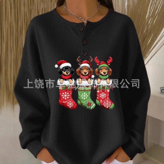 25 Amazon Independent New Retro 3D Digital Printing Three-Button Stand Collar Polo Sweatshirt Women's Clothing--Waffle