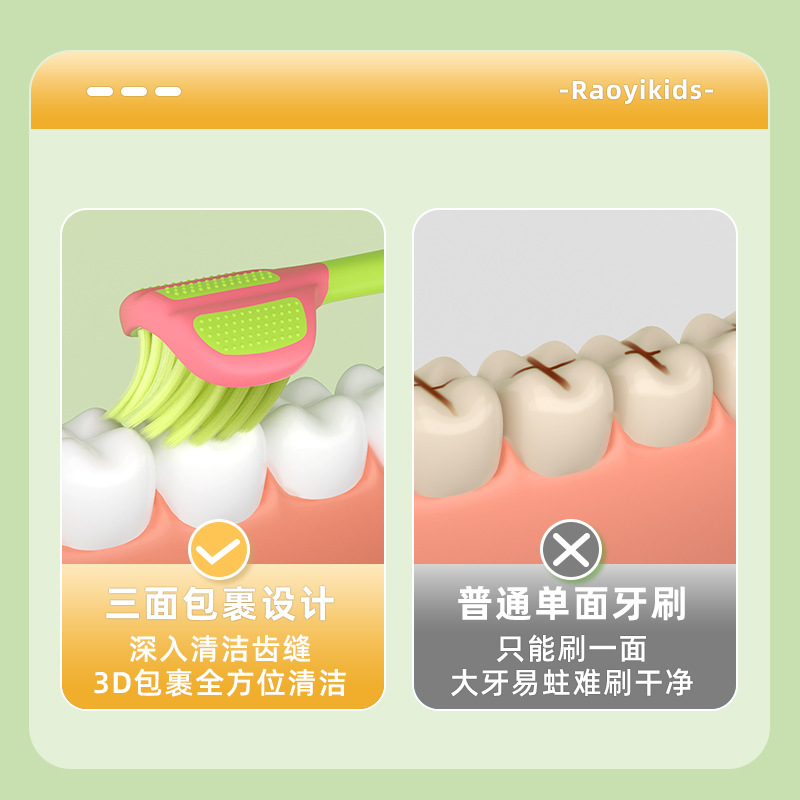 RAOYI tres lados cepillo de dientes para niños un solo paquete de dibujos animados de fresas bebés cepillo de dientes de pelo suave fábrica al por mayor