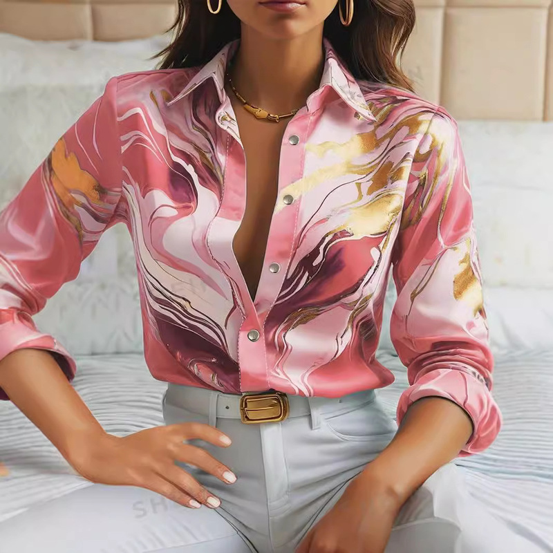 2024 European and American Spring and Autumn Cross-border Amazon New Long Sleeve Lapel Loose Button Shirt 3D Digital Printing Shirt