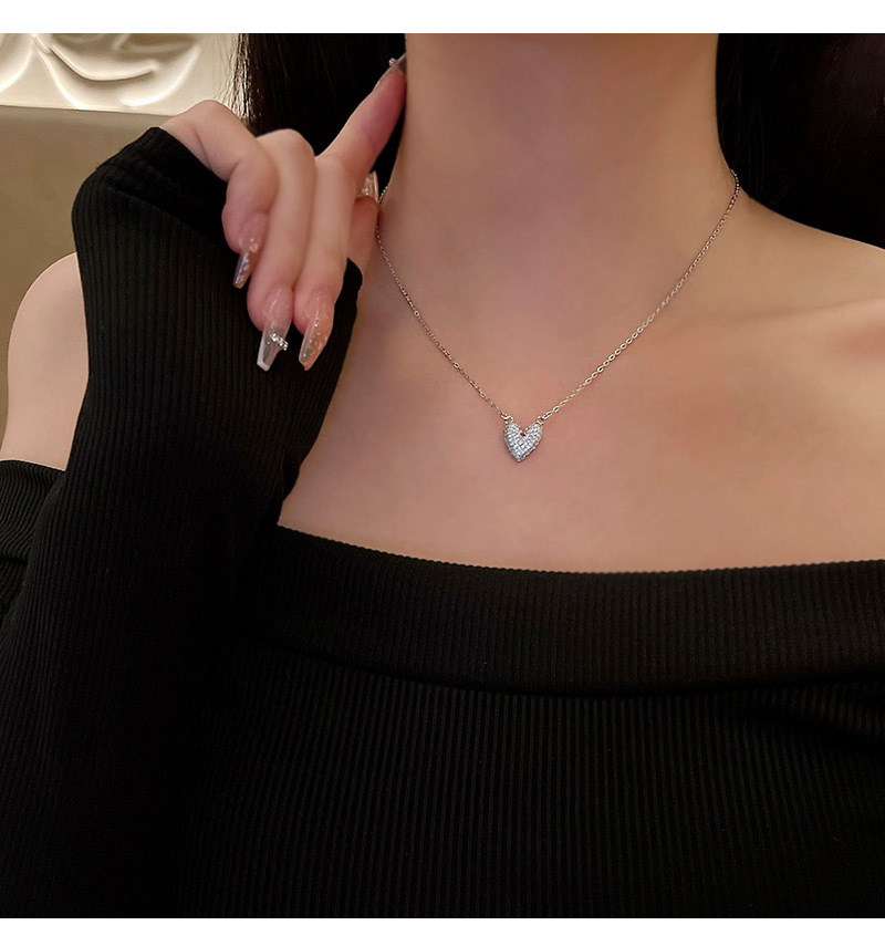Womenu0027S Simple Style Heart Titanium Steel Zircon Necklace Inlaid Zircon Stainless Steel Necklace
