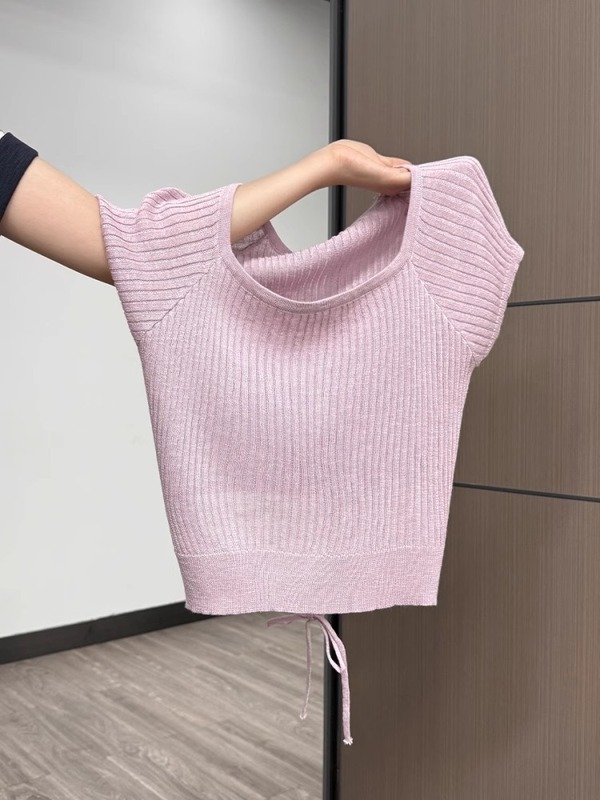 韓国アイスシルクニット半袖Tシャツレディース夏ショートデザインバックレースアップスリムフィットショルダートップ|undefined