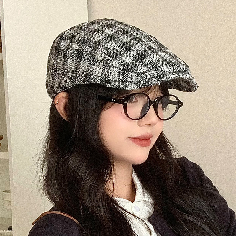 日系秋冬百搭前进帽显脸小格子贝雷帽子女复古棉布透气文艺画家帽|undefined