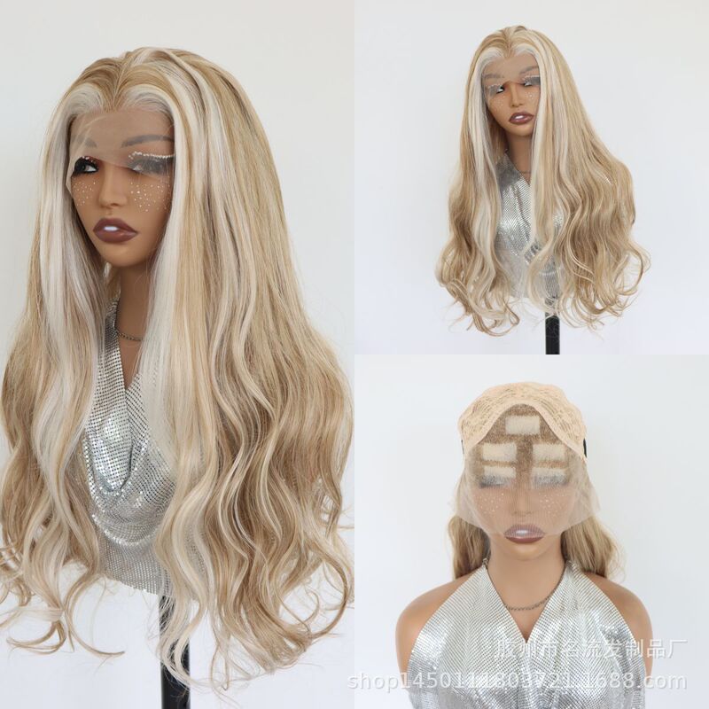 Factory wholesale platinum mixed-color, half-hand-tied, naturally curved, long wavy, large-wave, lace front wig Factory wholesale platinum mixed-color, half-hand-tied, naturally curved, long wavy, large-wave, lace front wig