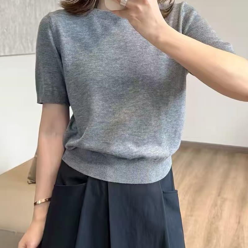 撤柜春夏圆领短袖宽松新款打底半袖针织衫薄款T恤毛衣女马海毛