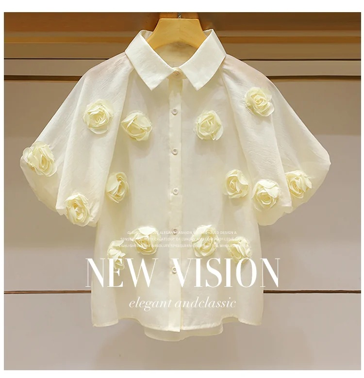 Women's Clothing summer new three dimensional rose flower chic French puff sleeve niche loose single breasted shirt versatile_voghion.com
