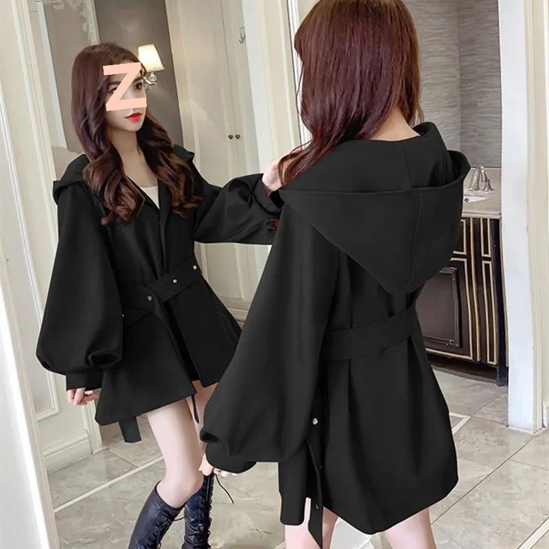 Petite Short Trench Coat for Women 2025 Autumn Korean Style Loose Top with Hooded Lantern Sleeves Plus Size High-End Jacket for Women
