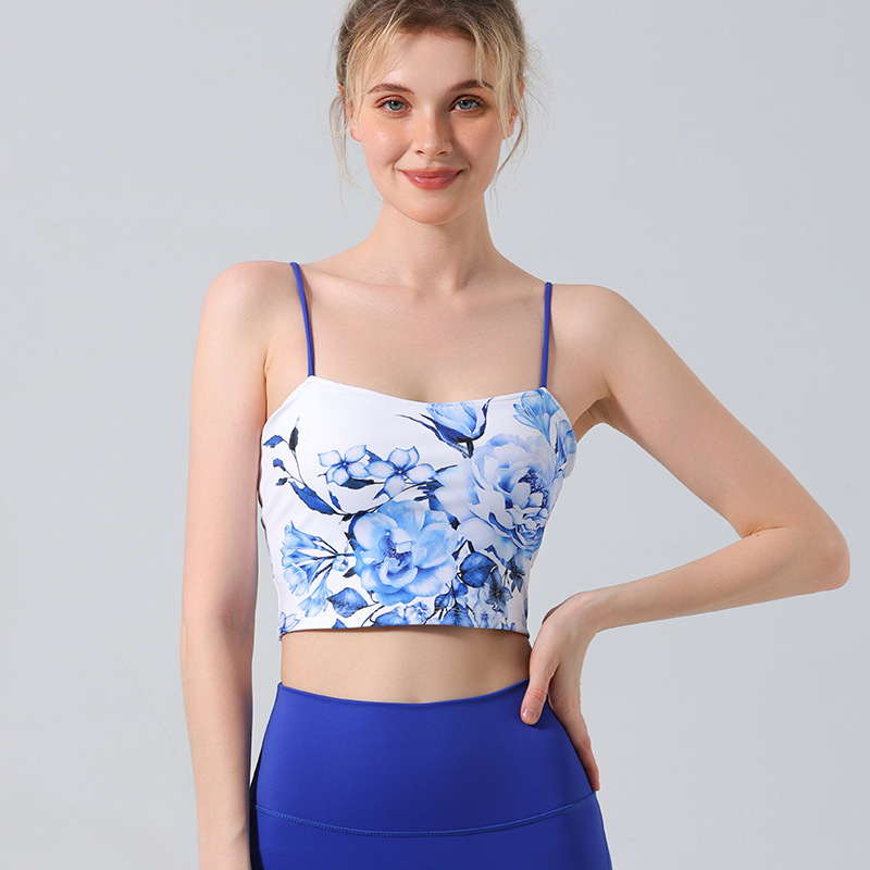 Guofeng Vintage Printed Camisole Gather High Elastic Slim Sports Bra Underwear Yoga Clothes suit Fitness Pants