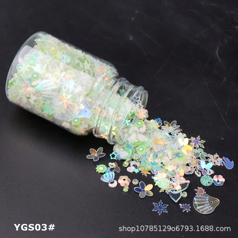 Internet celebridad efecto luminoso lentejuelas mixtas Concha mixta ciruela cóncava copo de nieve cuentas redondas DIY relleno Delgado