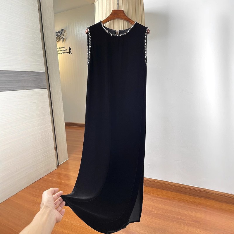 Beaded Silk Velvet Sleeveless Vest Dress for Women Summer Draped H-Shaped Straight Slimming Look Side Slit Dress Long Skirt Beaded Silk Velvet Sleeveless Vest Dress for Women Summer Draped H-Shaped Straight Slimming Look Side Slit Dress Long Skirt