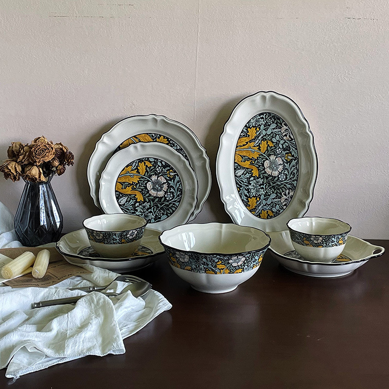 French-Style Retro Floral Coffee Cup and Saucer Set for Home Afternoon Tea, High-Value Ceramic Cups, Bowls, Plates, and Saucers