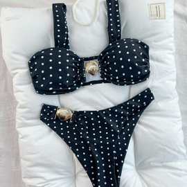 2025新款欧美速卖通波点印花泳衣女士辣妹抹胸比基尼套装沙滩泳装