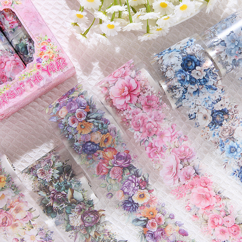 Fuegos artificiales años transparentes a prueba de agua pet cinta adhesiva caja diy diario de contabilidad pegatinas paisajísticas pegatinas de contabilidad de flores retro