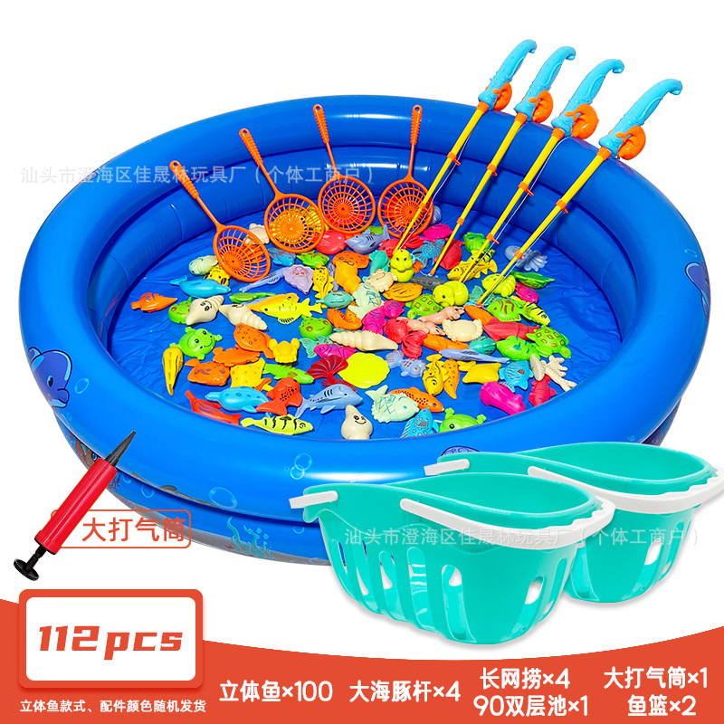 112개 세트(물고기 100개 + 돌고래 막대 4개 + 긴 그물 낚시 4개 + 더블 레이어 풀 90개 + 대형 펌프 1개 + 바구니 2개)