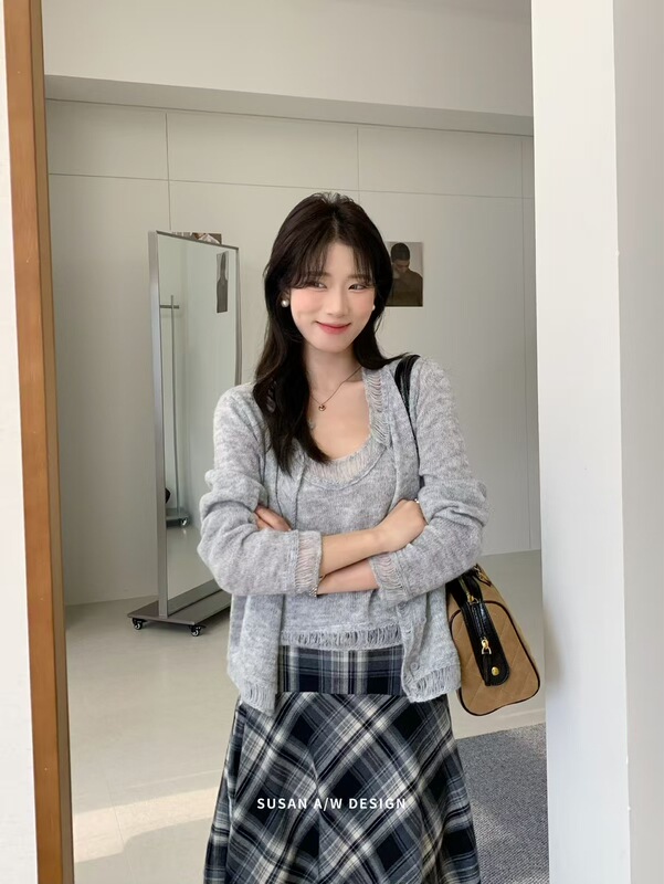 苏珊 韩系减龄时尚针织开衫背心两件套女2025秋冬季新款毛衣27338|undefined