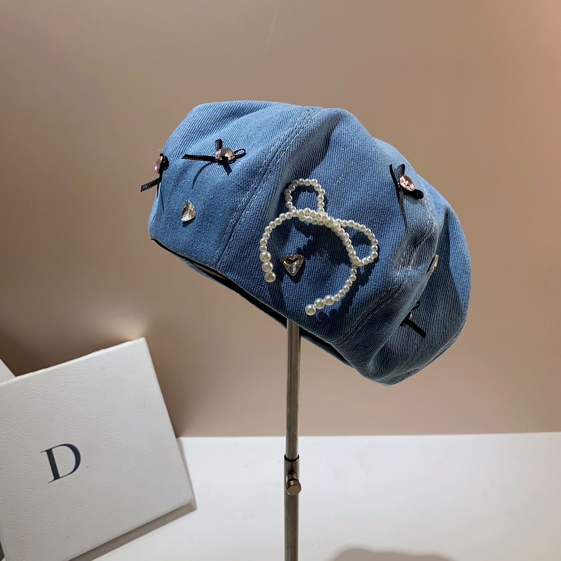 Veelzijdige, schattige baret, dunne, kleine, elfenstrik, achthoekige denim hoed in de lente en zomer_voghion.com