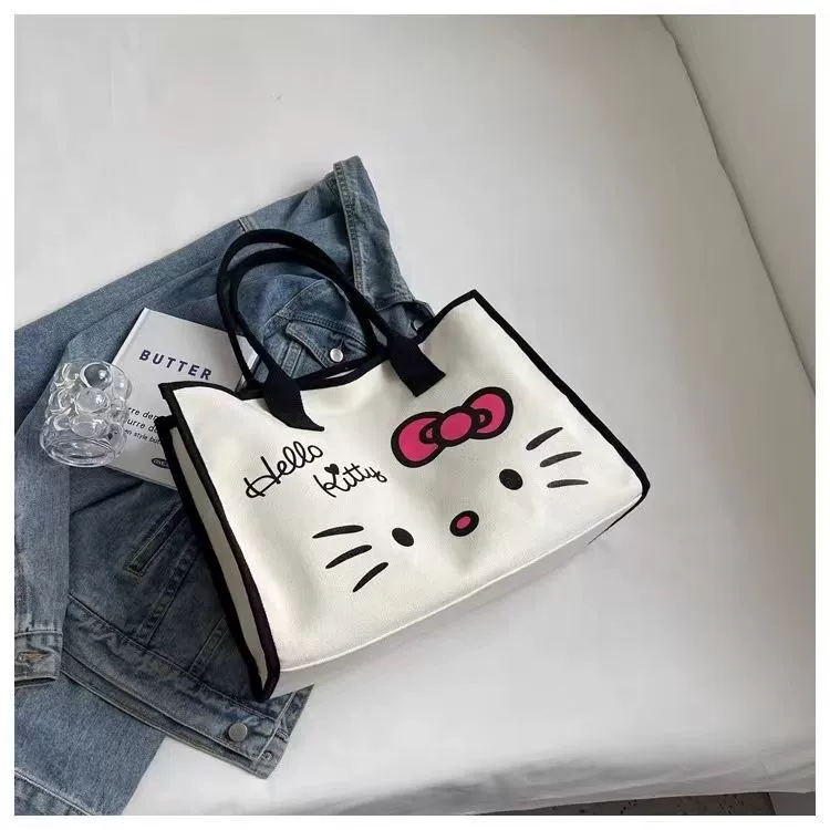 Плечевая сумка Tote (Hello Kitty) из льна, просторная, версия без подкладки или с подкладкой