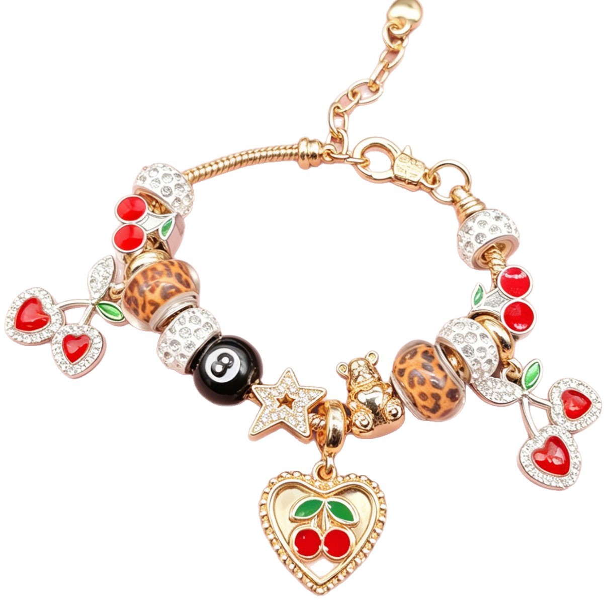 Pan pulsera sexy estampado leopardo negro ocho cuentas pulsera de diamante amor pentagramas osos colgante joyas de moda image 6