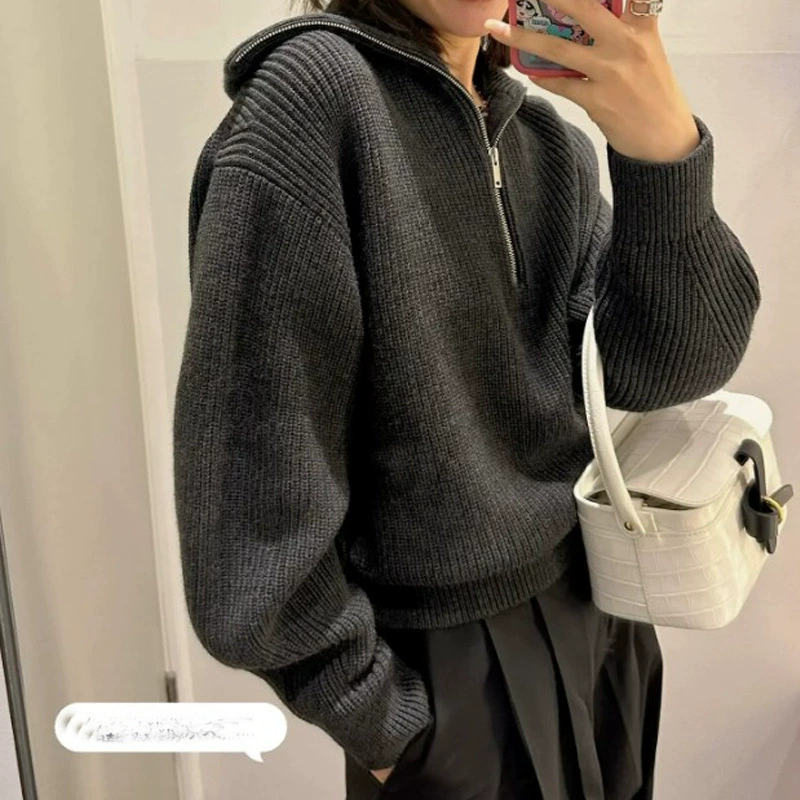 Свитер женский свободного кроя из шерсти с открытым воротником на молнии, модель 1099812002