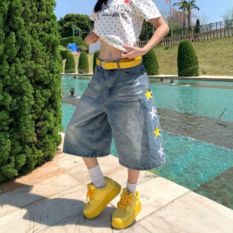 American-Style Star Embroidery Washed Denim Cropped Pants for Women, Summer Thin Loose Straight-Leg Cropped Wide-Leg Pants for Petite Women