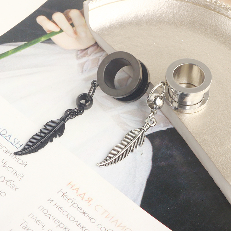 Black 25mm External Thread Leaf Pendant Ear Expander Plug 316L Surgical Steel Body Piercing Jewelry detail image 11