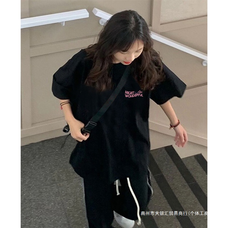 短袖t恤女2025新款爆款夏季潮牌设计感小众上衣黑色正肩半袖体恤