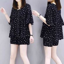 大码女装洋气套装胖mm夏装波点短袖韩版遮肚子时尚休闲短裤两件套